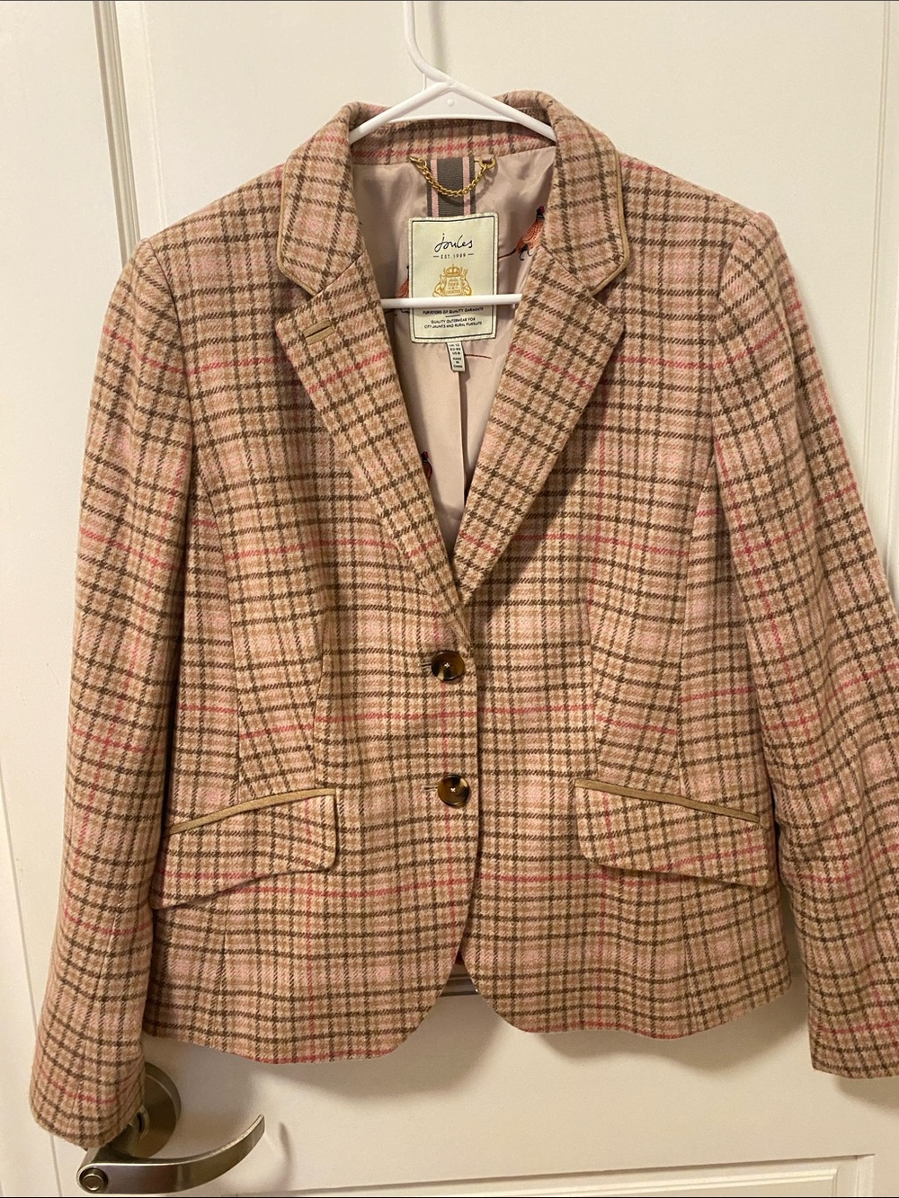 Joules Tan and Pink Plaid Tailored Blazer